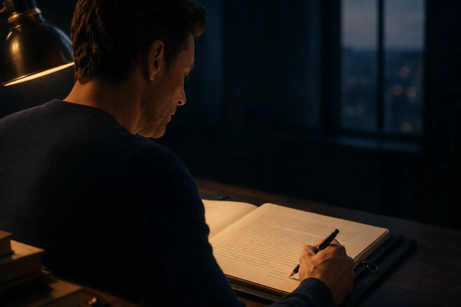 A mature hand rests a fountain pen at the margin of a cream document under a single gold lamp.