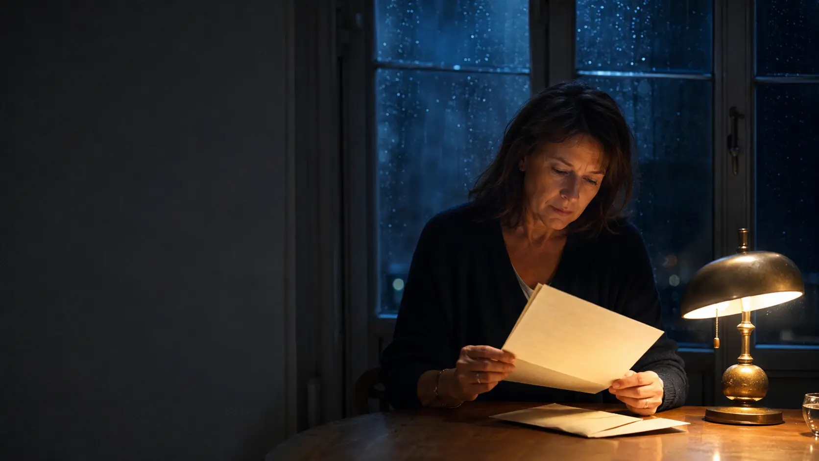 A woman reads a single document a second time at a night table, lit by one gold reading lamp.