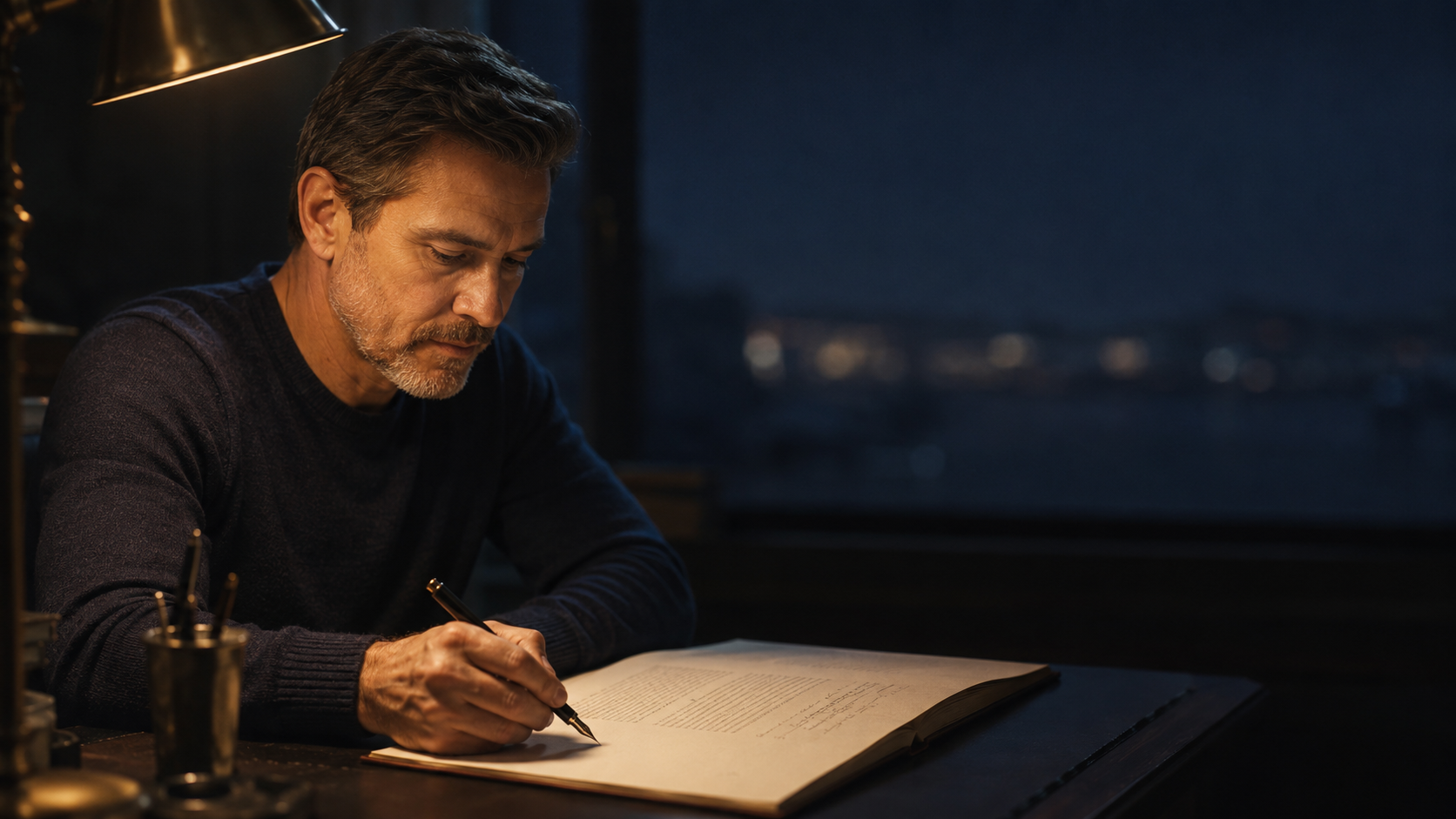 A short letter composed by hand under a single lamp, the blue hour passed beyond the window.