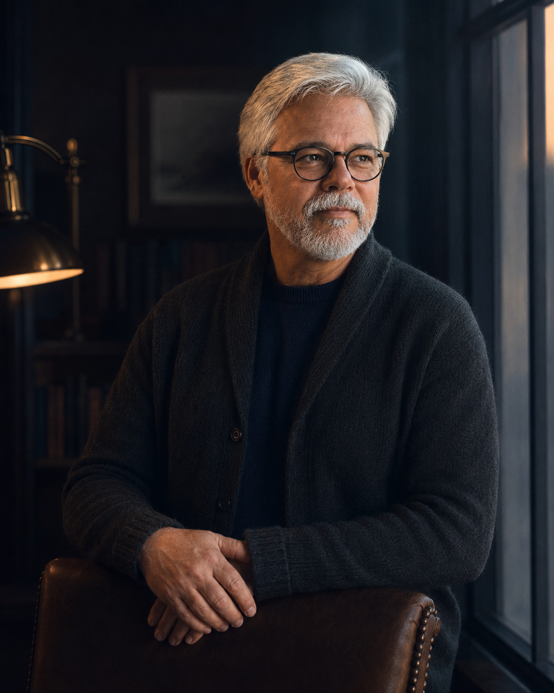 An older man with silver-white hair and beard at a study window at dusk, one warm lamp on his face, his gaze just past the lens.