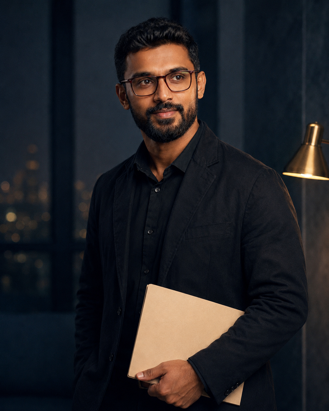 A man in his thirties in reddish-brown glasses holding a closed folder, still and composed, one warm lamp modelling his face.