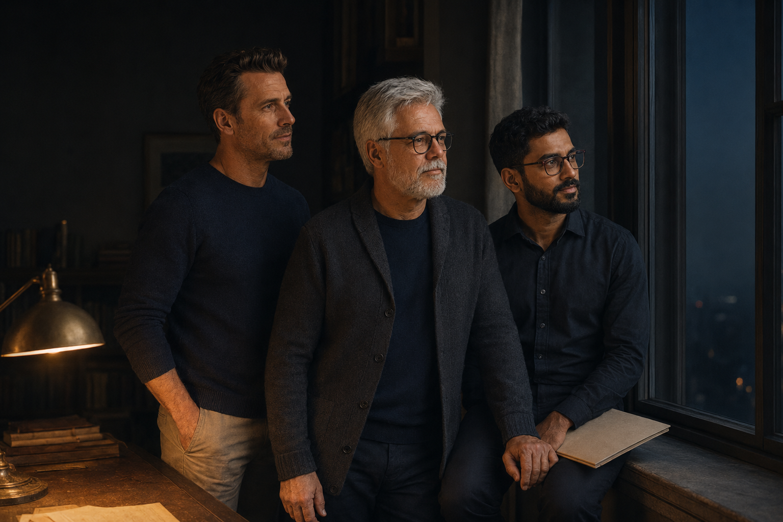 The same three men, still, at a tall study window in near-black indigo, turned together toward the glass in a loose arc, at rest.